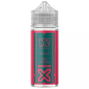 A clear bottle of Pod Salt Nexus E Liquid with a label that reads 'Pear Apple Raspberry' and has a pink and green color scheme.